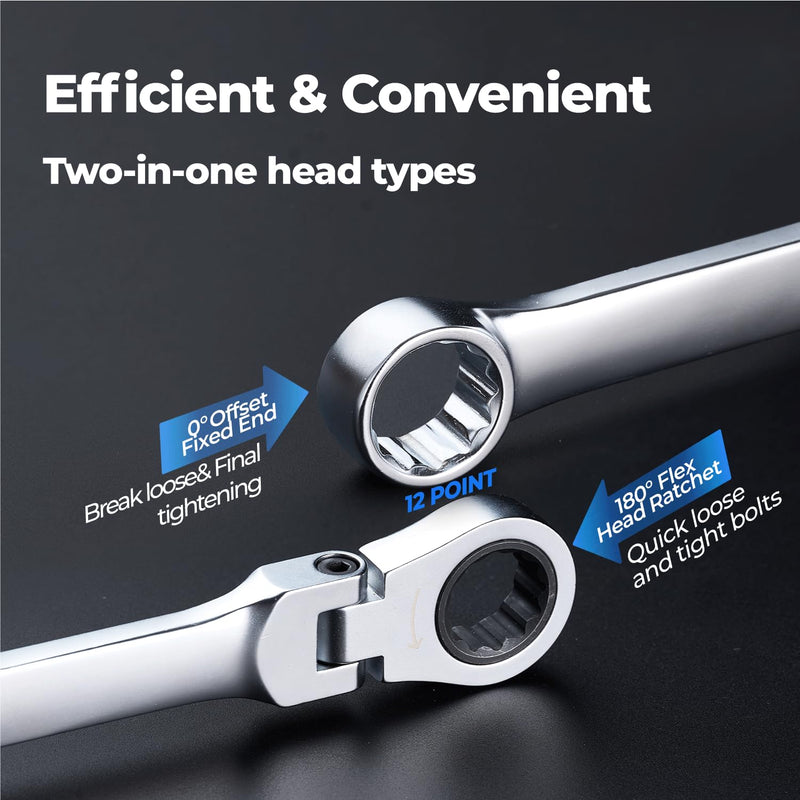toolant Extra Long Ratcheting Wrench, Flex Head & Fixed Offset Head Double Box End Combination Wrench, CR-V Steel, Metric 24mm 24 mm