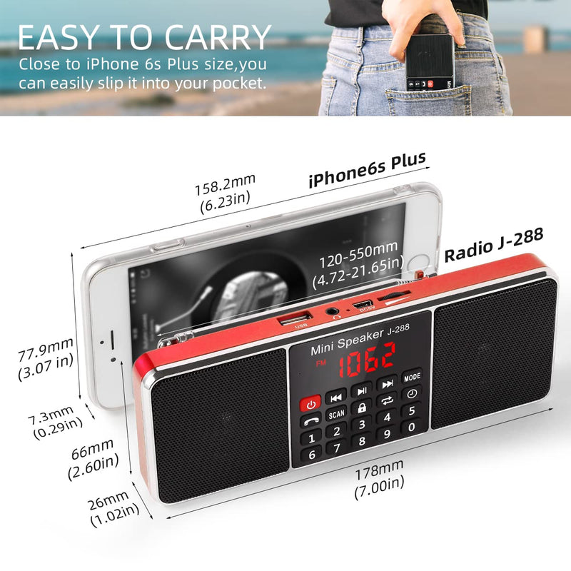 [Australia - AusPower] - PRUNUS J-288 Portable Radio AM FM Radio with Bluetooth Speaker, Sleep Timer, Power-Saving Display, Ultra-Long Antenna, AUX Input & USB Disk & TF Card MP3 Player, NO Manual Preset Red 