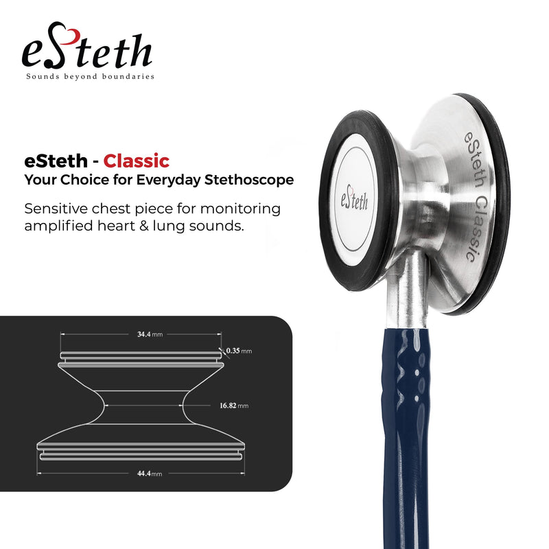 [Australia - AusPower] - eSteth Classic Stethoscope - Sensitive Chest Piece for Monitoring Amplified Heart & Lung Sounds - Lightweight, Flexible Stethoscope Tubing - Extra Ear Tips & Non-Chill Ring - 32" Long, Navy Blue 