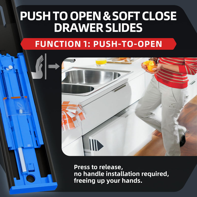 SHUHANG 1 Pair Push to Open Soft Close Drawer Slides 100 lb Load Capacity Side Mount Ball Bearing Rails Cabinet Dresser Glides Wardrobe Kitchen Trash Can Slider Runners Black(14 Inch) (Soft Close & Push to Open)Black-1 pair 14 Inch