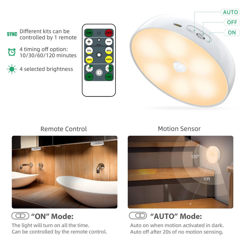 LED Closet Lights Motion Sensor Puck Light with Charge Station, USB Rechargeable Battery Operated Puck Step Lights, Dimmable Under Cabinet Lighting for Counter Wardrobe Kitchen (6 Pack) Warm White 6 Pack with Stand