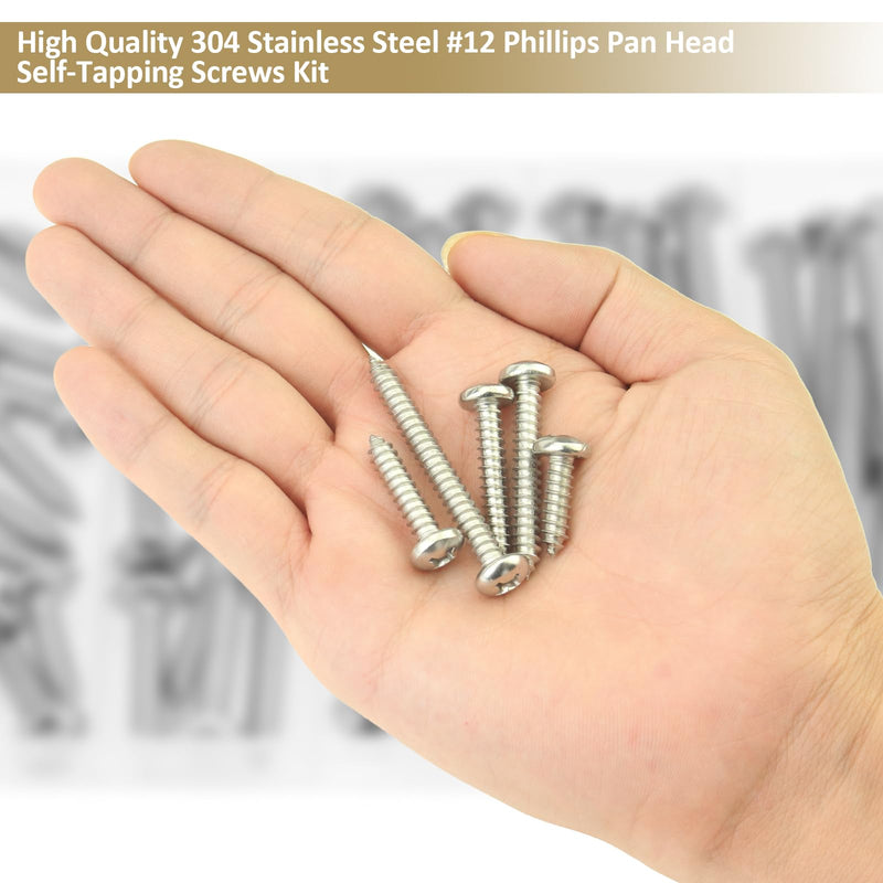 [Australia - AusPower] - 52 Pieces #12 x 3/4" 1" 1-1/4" 1-1/2" 2" Phillips Pan Head Self-Tapping Screws, Wood Screws Assortment Kit, 304 Stainless Steel 