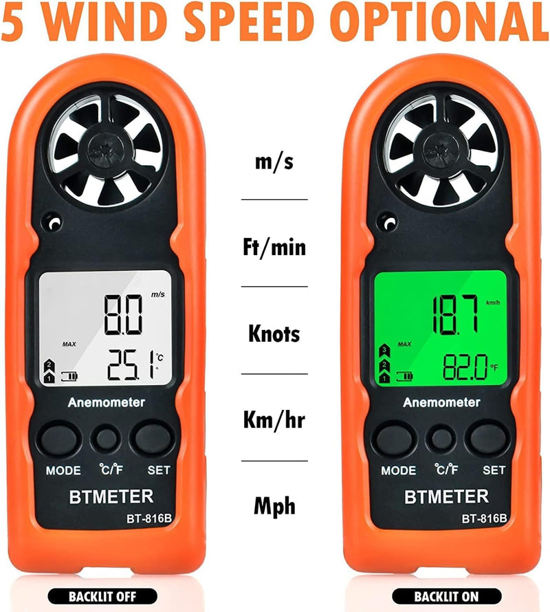 BTMETER Anemometer Handheld Wind Speed Meter, Mini Digital Air Flow Meter with LCD Backlight/Wind Chill & Temp, Max/Avg/Current Mode to Measure Air Flow Velocity for Kayaking Drone HVAC 816B-2pcs Red