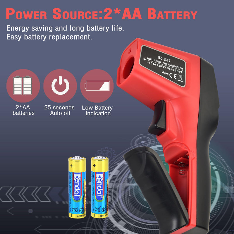 [Australia - AusPower] - Non-Contact Infrared Thermometer -58°F ~788°F (-50~420℃) with Large Color LCD Backlight Display & Laser Positioning & Adjustable Emissivity & Max Min for Cooking, Oven, Griddle, Engine, HVAC Black & Red 