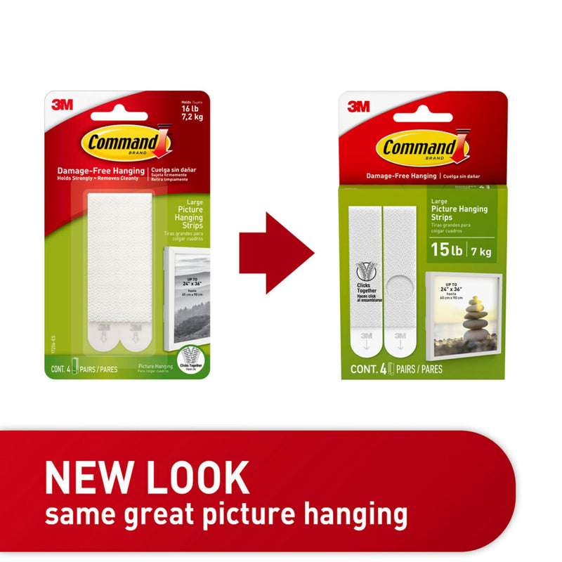 Command Large Picture Hanging Strips, Damage Free Hanging Picture Hangers, No Tools Wall Hanging Strips for Living Spaces, 4 White Adhesive Strip Pairs