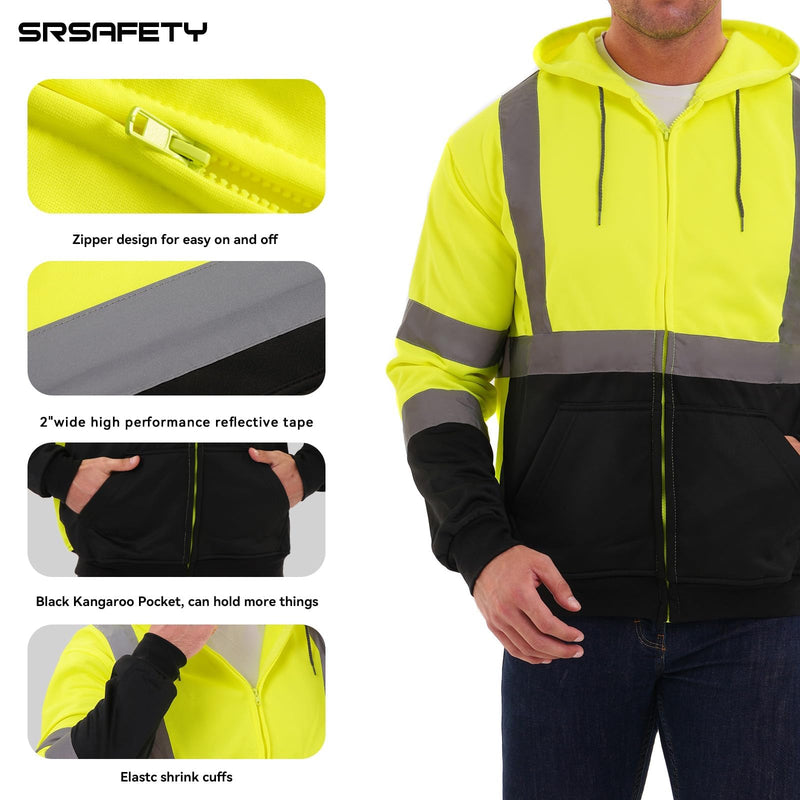 SRsafety Hi Vis Safety Hoodie Fleece Reflective Class 3 Sweatshirt | Hi Vis Pullover Hoodie Black Bottom Utility Pockets & Drawstring Hood XX-Large Lime Zipper