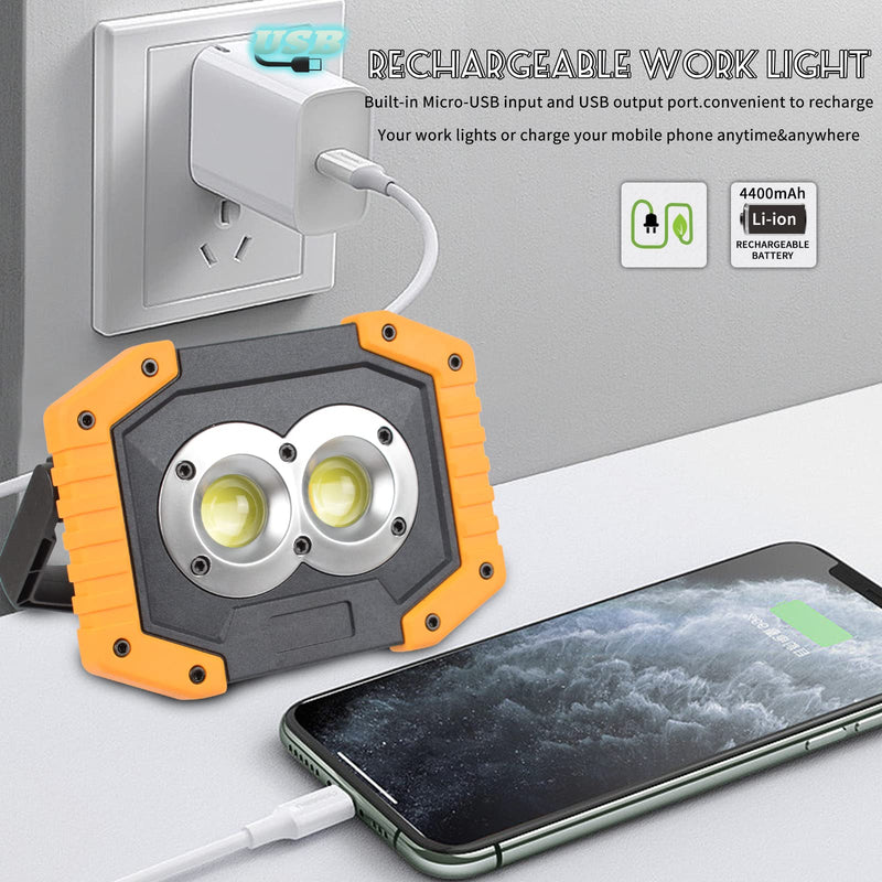 [Australia - AusPower] - OTYTY LED Work Light 2-Pack, 30W 1500LM Portable Rechargeable Flood Lights with Magnetic Base, 4200mAh Battery for Outdoor, Camping, Hiking, Emergency, Car Repairing, Job Site Lighting (W839 Yellow) W839-Y 