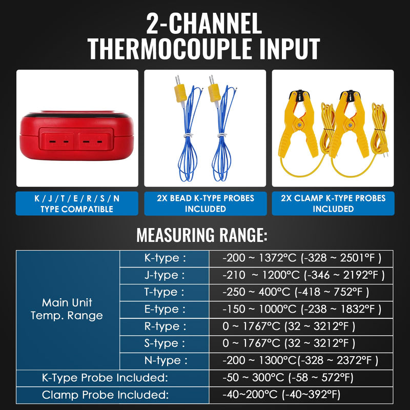 Dual Channel Thermocouple Thermometer, Type K/J/T/E/R/S/N, -150 to 1767 °C (-238 to 3212 °F) Digital Temperature Meter with Backlight Data Hold Function