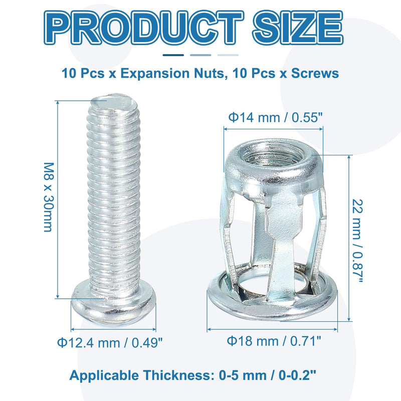 [Australia - AusPower] - PATIKIL Expansion Screw Petal Nuts M8 x 30mm, 10 Pcs Jack Nut Carbon Steel Petal Shape Rivet Nut Insert Nuts Fasteners with Screws Assembly for Hollow Wall Thin Soft Wall Iron Skin 
