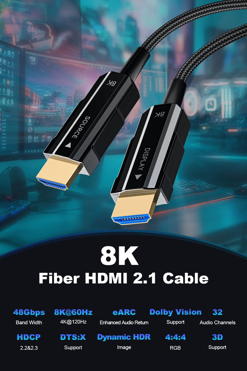 8K Long HDMI 2.1 Cable 50ft, Fiber Optic HDMI Cable Braided Cord, High Speed Active HDMI Cable, 48Gbps, 8K@60Hz 4K@120Hz, Dynamic HDR, eARC, HDCP 2.2&2.3, 3D, for HDTV Monitor Game Laptop Xbox PS4/PS5 50ft (Fiber-Unidirectional)