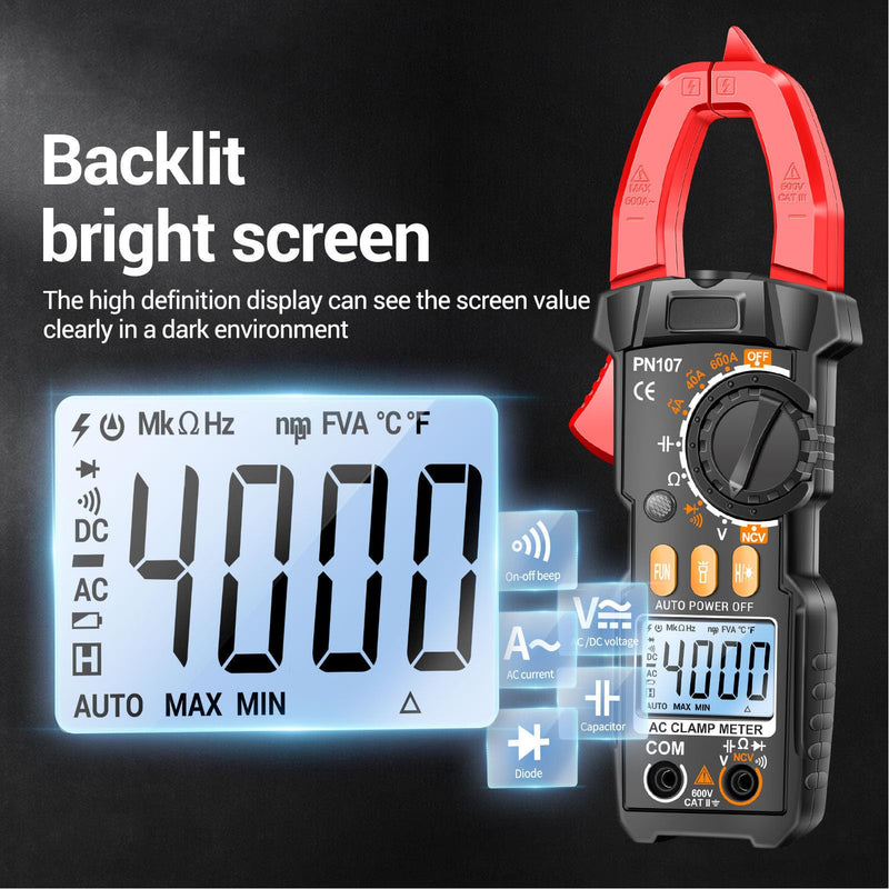 [Australia - AusPower] - Digital Clamp Meter Multimeter, 6000 Counts Voltage Tester Auto Ranging Measures, AC DC Current Voltage Temperature, NCV Frequency Diode Capacitance Electrical Tester 