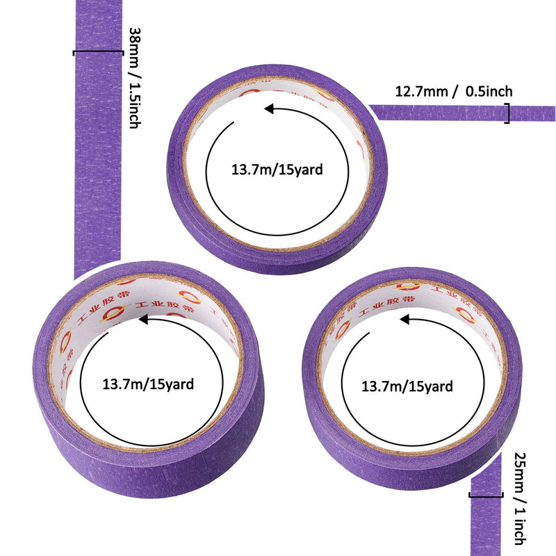 Outus 3 Rolls 45 Yards Purple Crafting Tape Multipurpose Removable Masking Tape for Art DIY Labeling Decoration, 0.5 in, 1 Inch, 1.5 Inch