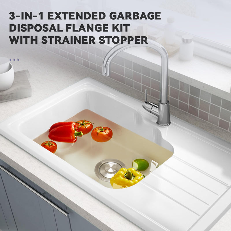 KONE Extended Garbage Disposal Flange with Strainer and Stopper, Deep 304 Stainless Steel Kitchen Extended Sink Flange for 3-1/2 Inch Standard Sink Drain, Convenient for Water Storage and Drainage Silver