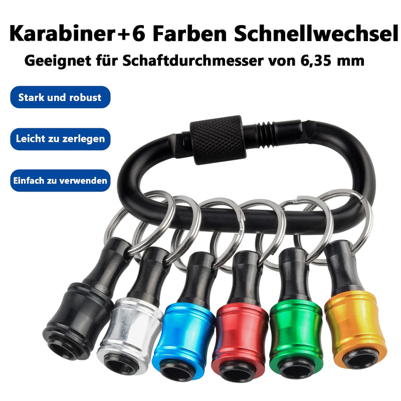 Bit Holder 1/4 Inch Hex Key Ring 6 Colours with Carabiner Pack of 6 | Aluminium alloy quick change, portable EDC, non-slip drill holder for outdoor screwdriver, mini tool
