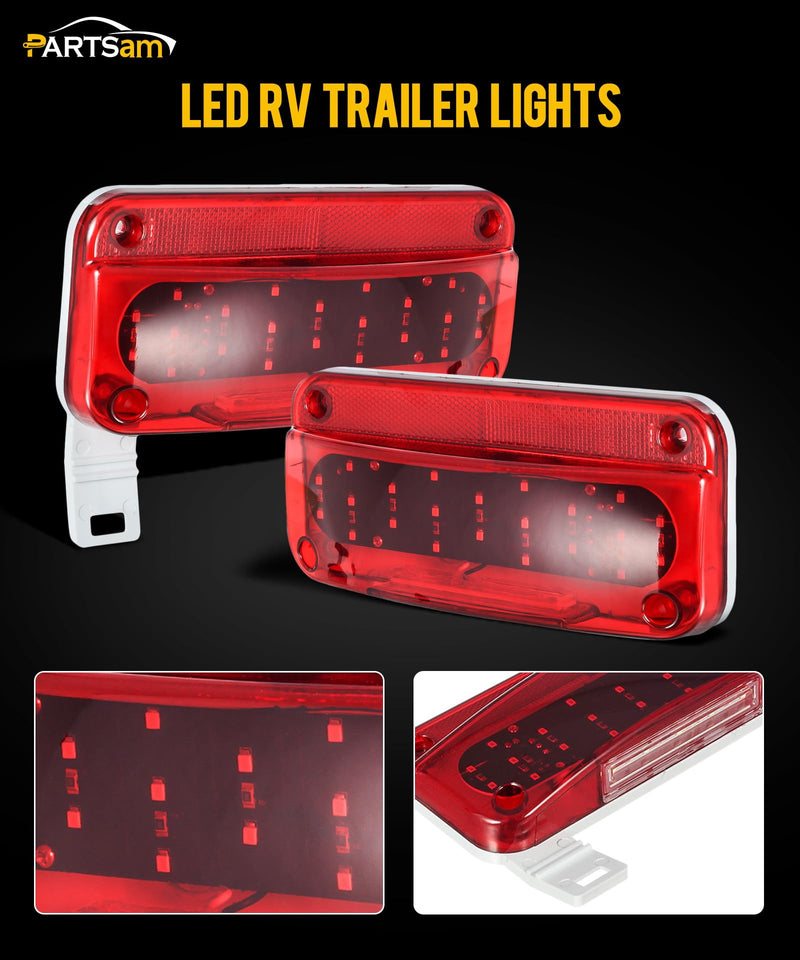 [Australia - AusPower] - Partsam Rectangular Red LED RV Camper Trailer Stop Turn Brake Tail Lights White License Plate Light 49 LED with License Bracket Holder and White Base 12V Sealed w Reflex Surface Mount (Left + Right) Red Lens 