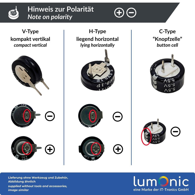 Lumonic 5 x Supercap 0.1F 5.5V C-Type | Direct-to-Use EDLC, High Capacity | 5.5V Monoblock - No Balancing Required | Flicker Protection, Backup, PLC Heating C-type (5x) 0,1F