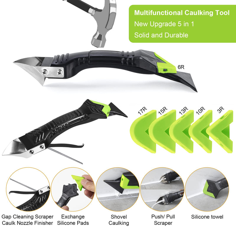 [Australia - AusPower] - Caulking Tool 5 in 1 Silicone Caulking Grout Removal Tool Sealant Finishing Tool with Grout Scraper, 6 Exchange Silicone Pads, Adhesive Residue Scraper Seam Repair Tool Kit for Kitchen Bathroom Green 