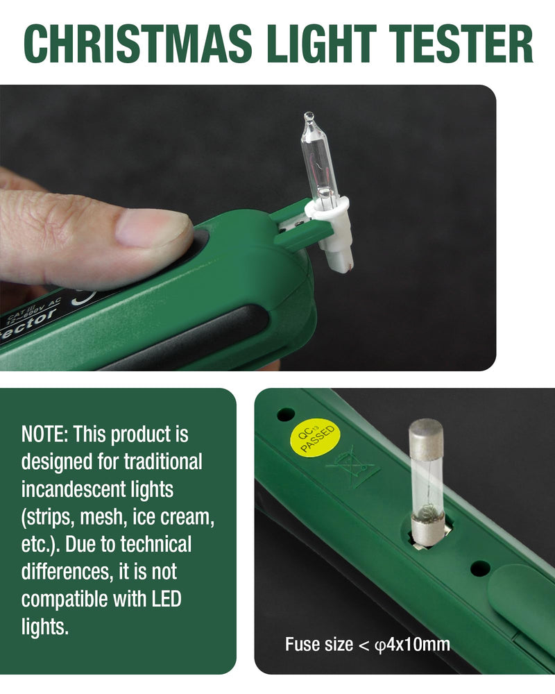 [Australia - AusPower] - ALLOSUN Christmas Light Tester Non Contact Voltage Tester with Fuse Tester & Bulb Remover, AC Voltage Detector 12V-600V, Stepless Sensitivity Control Christmas Light Bulb Tester, Green 