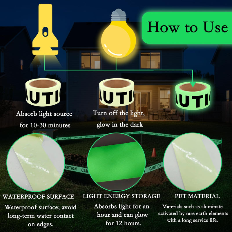 Glow in The Dark Tape Halloween Caution Tape Decorations 2inx32.8ft Crime Scene Construction Warning Glow Tapes Roll Indoor Outdoor Barricade Safety Night Stairs Exit Door Walls Danger Areas