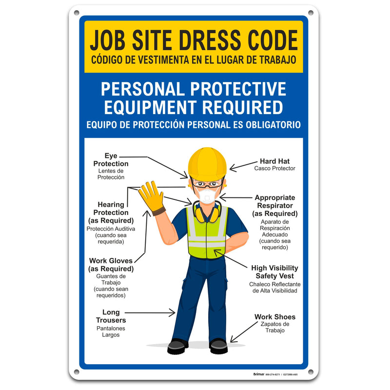 Brimar - 12" x 18" - Bilingual Job Site Dress Code Sign - .055″ Polyethylene Plastic - Bold Text - Easy Installation Bilingual Job Site Dress Code (12x18")