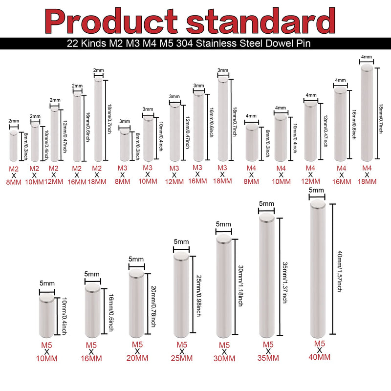 [Australia - AusPower] - 220Pcs 22 Kinds M2 M3 M4 M5 304 Stainless Steel Dowel Pin Cylindrical Shelf Support Peg Pin Rod Fasten Elements Assortment Kit M2/M3/M4/M5 