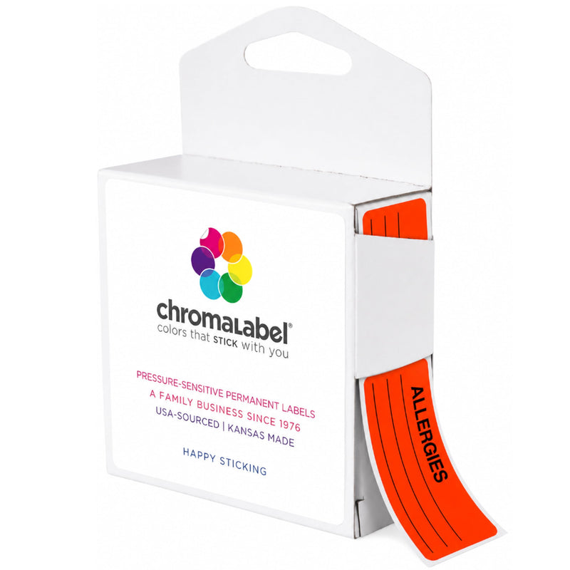 ChromaLabel Food Allergy Stickers, 1" x 2-1/4" Write-in Allergy Labels, 250 Fluorescent Red Allergen Warning Stickers in Ready-to-Hang Dispenser Box for Restaurants, Schools and Daycare 1" x 2-1/4"