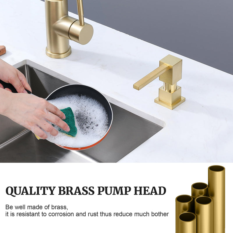 Sink Soap Dispenser for Kitchen Sink (Brushed Gold), All Brass Built-in and Refill from Top Design,Metal Hand Soap & Dish Soap Copper Pump Gold Brushed