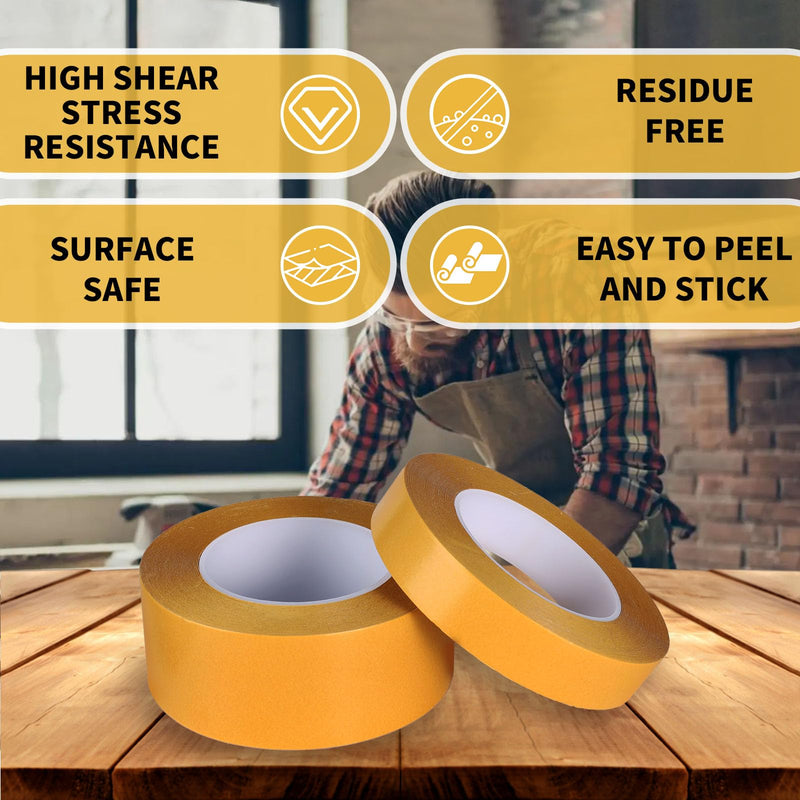 Double Sided Woodworking Tape - 2 Inch x 88 FT Heavy Duty Adhesive Tape for Carpentry, Cabinet Installation, Trim Projects Residue-Free Bonding Tape (1 Pack) Yellow 1