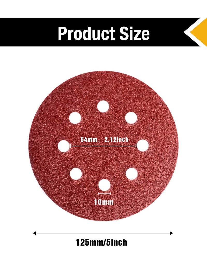 Pack of 100 Sandpaper 125 mm, Professional Random Orbital Sandpaper Set for 125 mm 8 Hole Sanding Discs with 60/80/100/120/180/240/320 Grit for Wood, Metal and Paint red 80 1D-DPMI-40M8