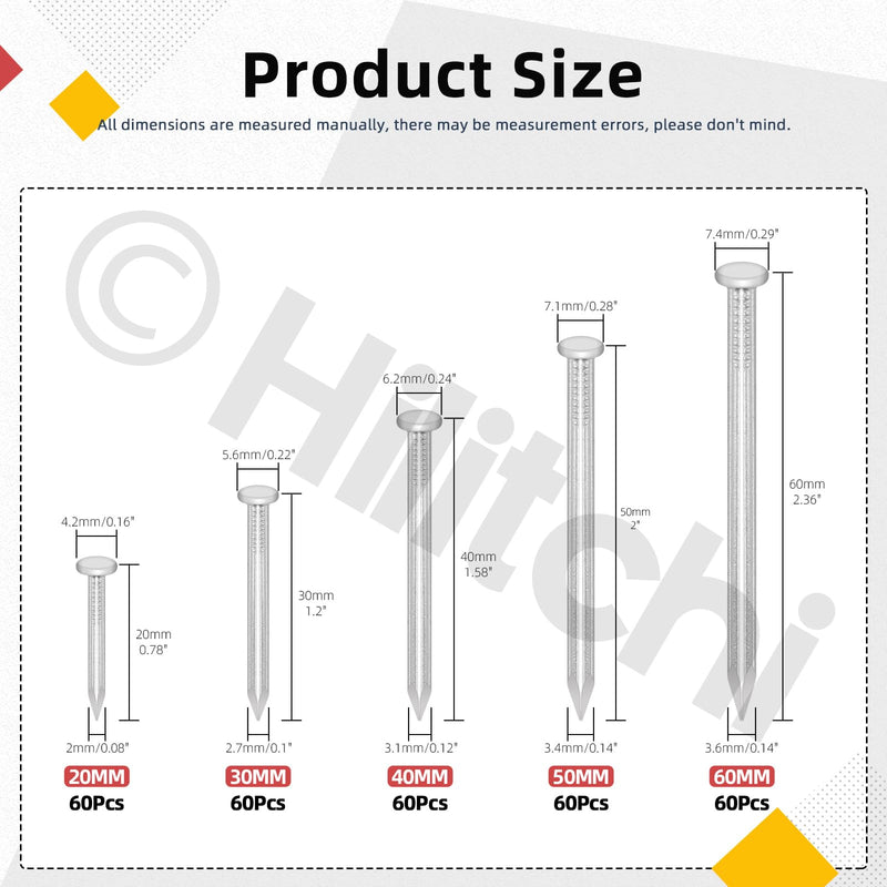 [Australia - AusPower] - Hilitchi 301PCS 5 Sizes Brick Steel Nails Assortment Kit 0.78" 1.2" 1.58" 2" 2.36" Galvanized Concrete Wall Nail Cement Nails for Concrete Brick Drywall(White) White Zinc 
