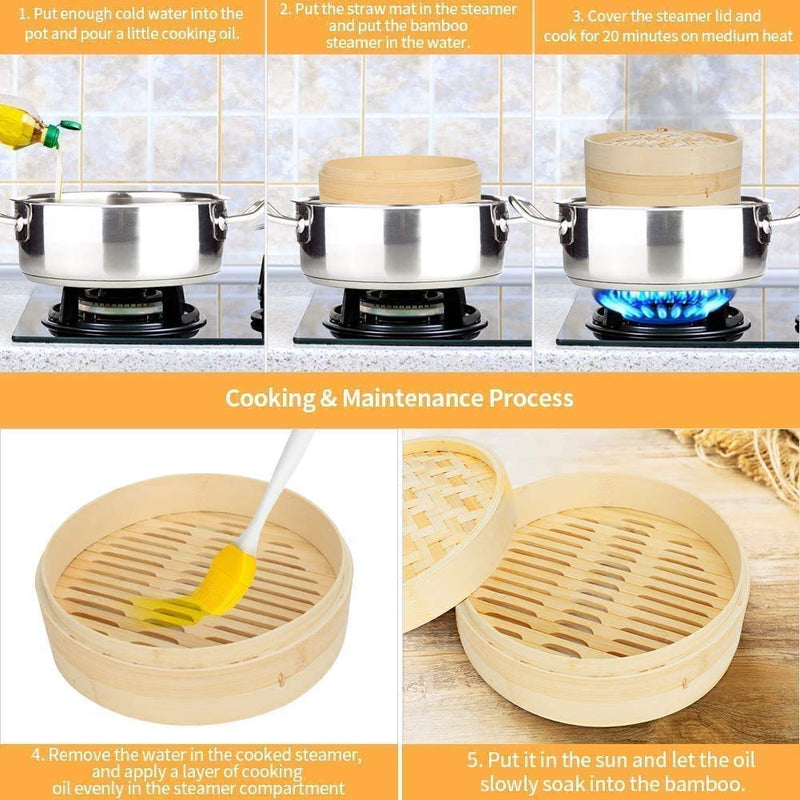 Handmade Steam Basket Bamboo Steamer 10 Inch, 2 Tiers Chinese Food Bamboo Steamers for Cooking, Steam Baskets Dumplings Vegetables Chicken Fish Rice, Reusable 2 Gauze Liners and Chopsticks