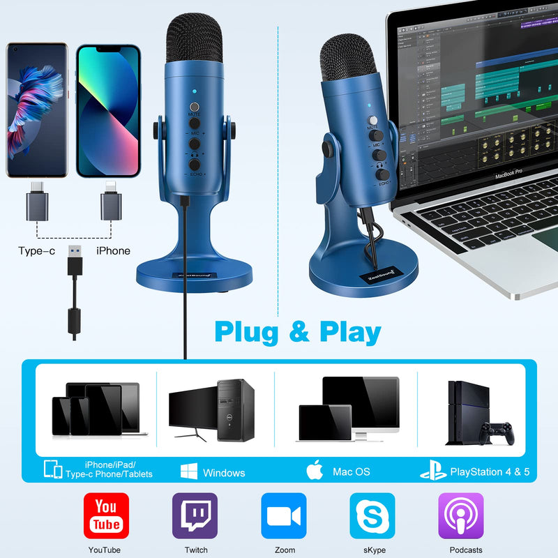 [Australia - AusPower] - ZealSound USB Microphone,Condenser Gaming Mic for Phone/Laptop/PC/PS4/5/Computer,Microphone with Gain Knob,LED Mute,Monitor Volume Adjustment,Stand Base for Streaming, Podcast, Studio Recording (Blue) Blue 