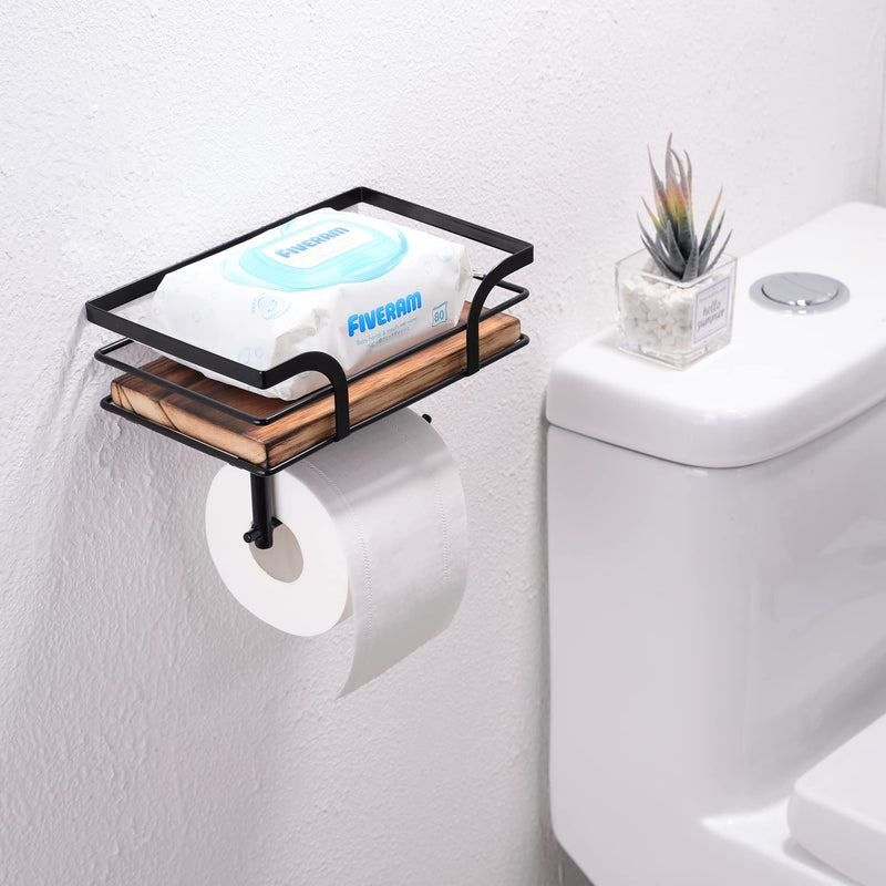 Rustic Farmhouse Toilet Paper Holder with Shelf - Farmhouse Bathroom Rustic Country Decor - Rustic Bathroom Accessories with Warm Brown Wood Shelf for Wipes&Cell Phone&Reading, Black Metal Dark Brown