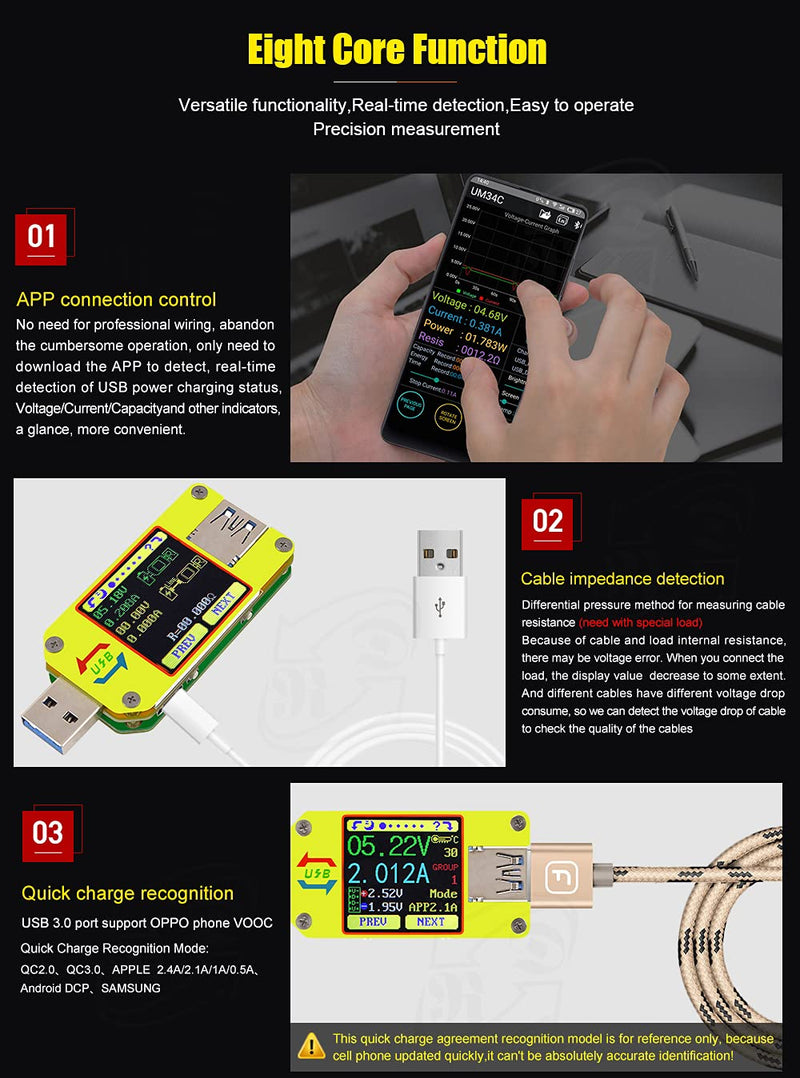 [Australia - AusPower] - RD UM34C 4A USB3.0 USB Meter Tester Voltage Current Power Charger Voltmeter Ammeter Multimeter Tester Measure Cable Resistance(UM34C) 