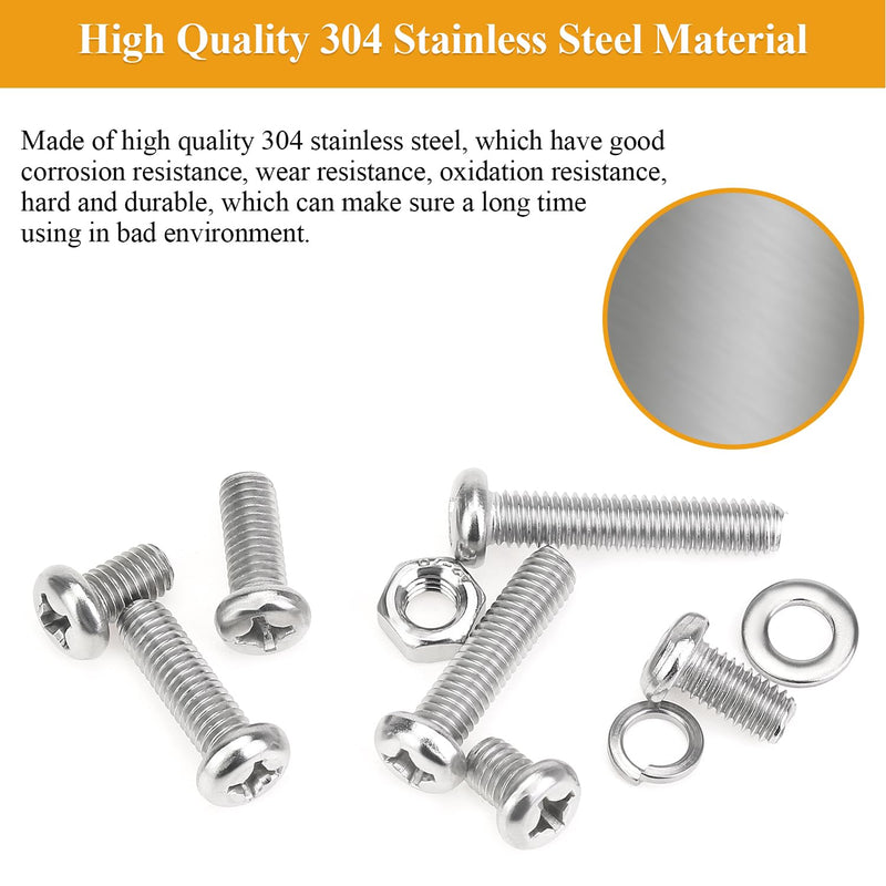 [Australia - AusPower] - 129 Pieces M6 Machine Screws Nuts Washers Set, Sutemribor M6 x 8/10/12/16/20/25/30mm Phillips Pan Head Machine Screws Nuts Washers Assortment Kit, 304 Stainless Steel, Fully Threaded 
