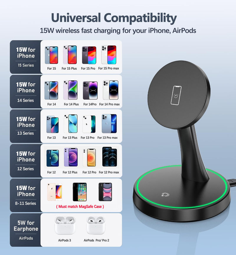 [Australia - AusPower] - Magnetic Wireless Charger Stand 15W Fast Mag-Safe Charger for iPhone 15/15 Pro/15 Plus/15 Pro Max/14/13/12 Series Magnet Wireless Charging Station/Pad with Sleep-Friendly Light for AirPods 3/Pro/Pro 2 Black 