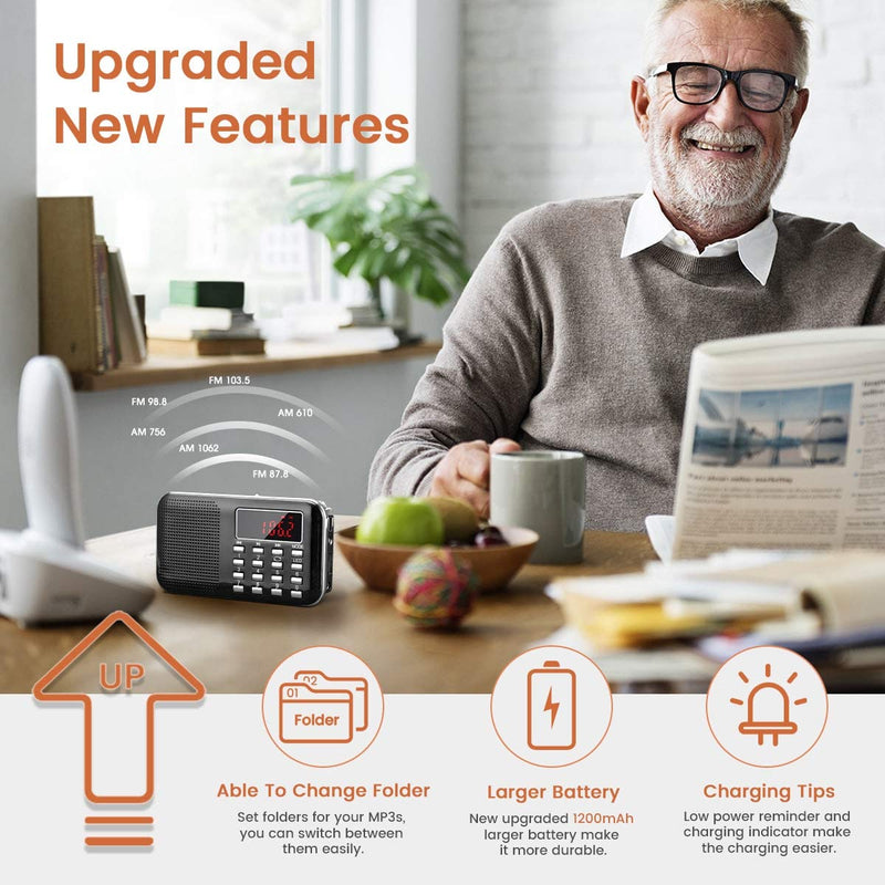 [Australia - AusPower] - Mini Portable Radio AM FM Pocket Radio with MP3, LED Flashlight, Digital Radio Speaker Support Micro SD/TF Card/USB, Auto Scan Save, 1200mAh Rechargeable Battery Operated, by PRUNUS[Latest Version] Black 