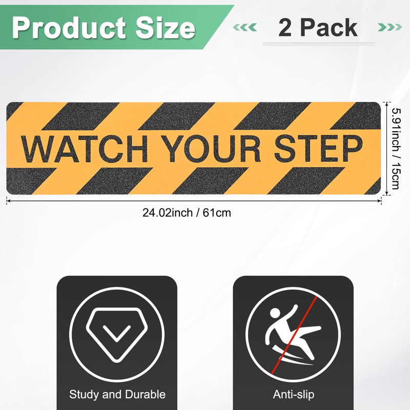 M METERXITY 2-Pack WATCH YOUR STEP Floor Decals Stickers 6 x 24 Inch Watch Your Step Sign Warning Sticker Self-Adhesive Anti Slip Abrasive Tape for Indoor/Outdoor Stairs Step[Yellow Black]