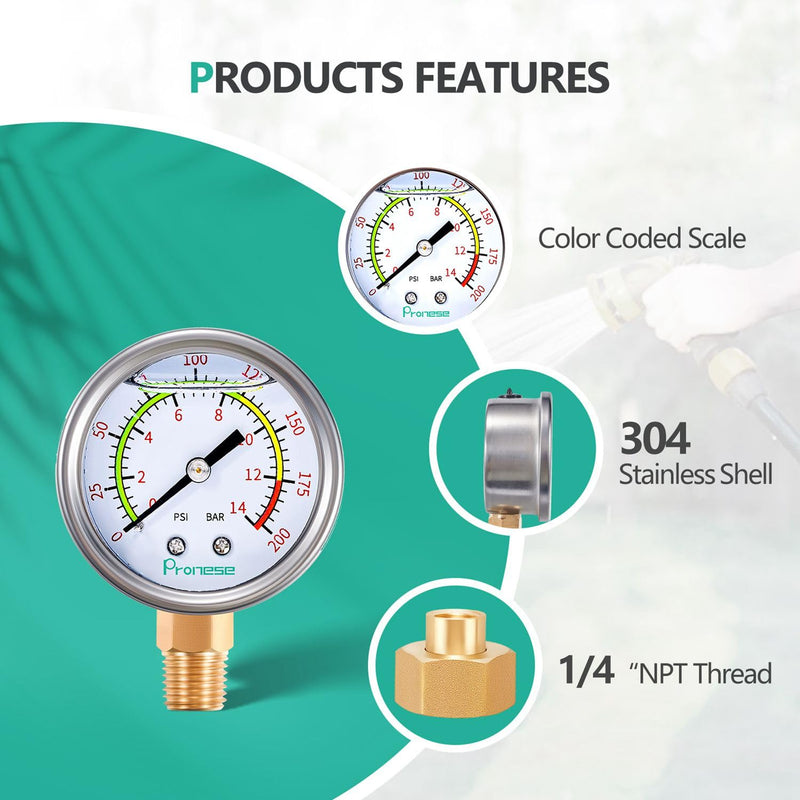 [Australia - AusPower] - Stainless Steel Water Test Pressure Gauge Kit 2" Dial Size,Guage+12"EPDM Rubber+1/4"LF Valve+1/4 to 3/4 Adapter,Lower Mount with Liquid Filled 0~200PSI(Color Coded) Gauge+1/4"valve+Rubber hose+Adapter 