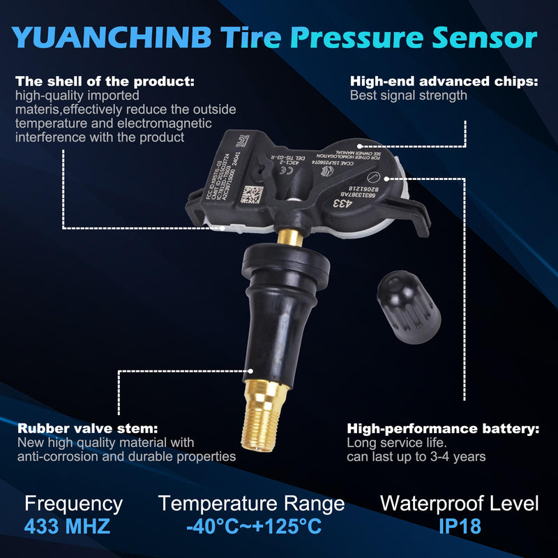 TPMS Sensors 4-Pack 433MHz Pre-Programmed Tire Pressure Sensor Compatible with Chrysler 200 Jeep Compass Grand Cherokee Dodge Dart Fiat Replace OE# 68313387AC 68193586AC 68252493AB 4 PCS