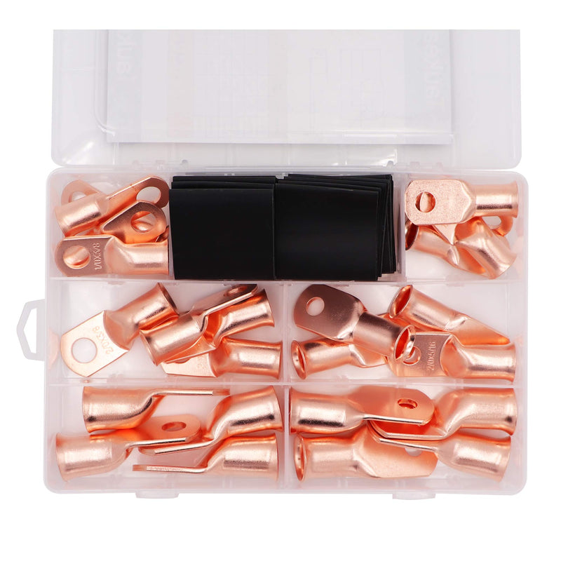48PCS Battery Cable Copper Wire Lugs Ends 1/0 2/0 4/0 Gauge 5/16 3/8, Crimp Ring Terminal Connectors with Heat Shrink Tubing Assortment Kit AWG1/0~4/0