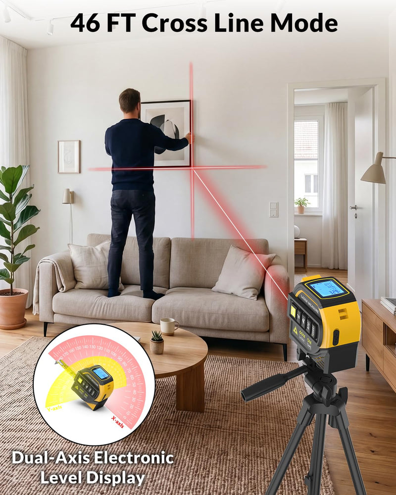 TEPU Laser Tape Measure 4-in-1, 197FT Laser Distance Meter with 16FT Auto-Lock Tape, Cross-Line Laser Level, Dual-Axis Angle, Backlit LCD, Distance/Area/Volume, Pythagorean Theorem & Angle Measurement