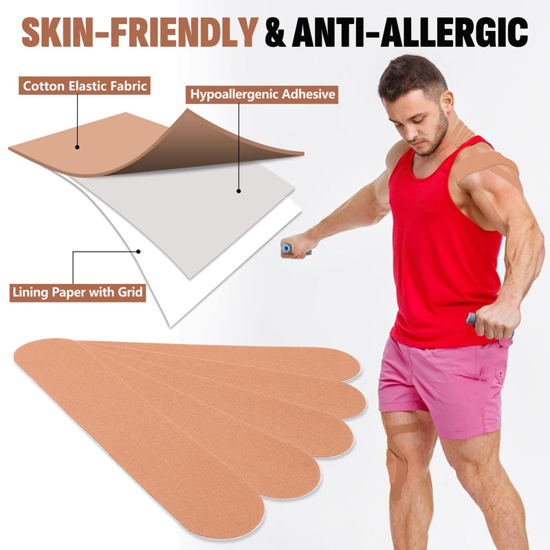 60PCS Precut Kinesiology Tape Strips, 2 inch x 10 inch Athletic Tape, Kinetic Tape, Elastic Muscle Tape, Sports Tape, Knee Tape for Exercise and Daily Use - Skin Color