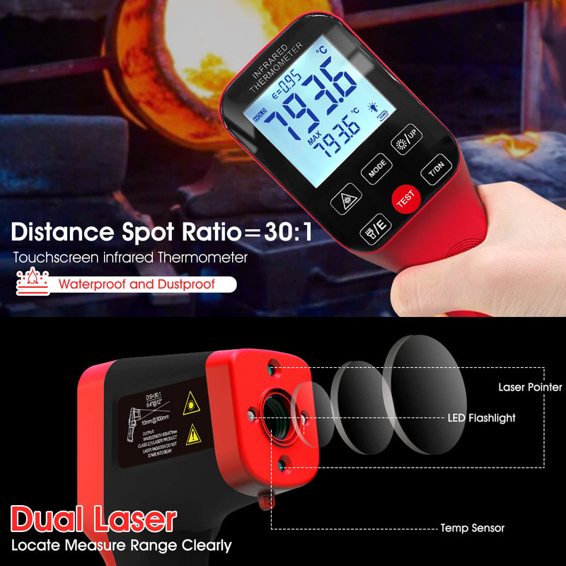 [Australia - AusPower] - AP-1600 Pyrometer Waterproof, Rechargeable Pyrometer-58℉~2912℉ High Temp Thermometer Gun with DS=30:1, IR Thermometer with Adjustable Emissivity, Backlight for HVAC Forge AP-1600(Touchscreen IR Thermometer) 