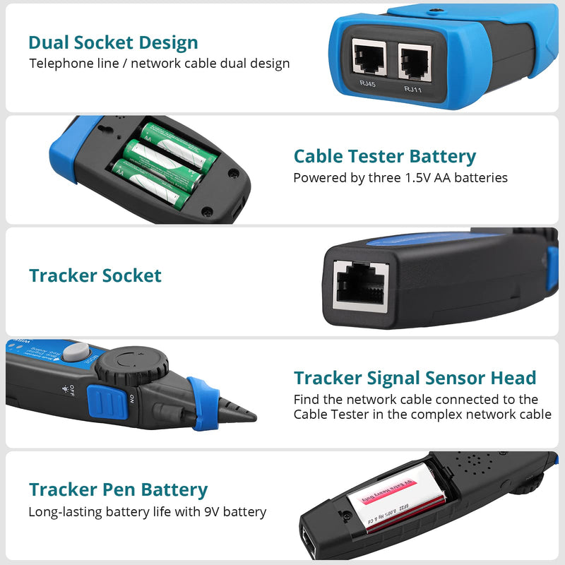 [Australia - AusPower] - Network Cable Tester, PoE Cable Tester for CAT5, CAT5e, CAT 6, CAT 7 CAT 8, RJ45, Multifunction Power Over Ethernet Tester, Cable Voltage Tester Line Location Finder Cable Tracer, Wire Tracker Line Location Finder POE 