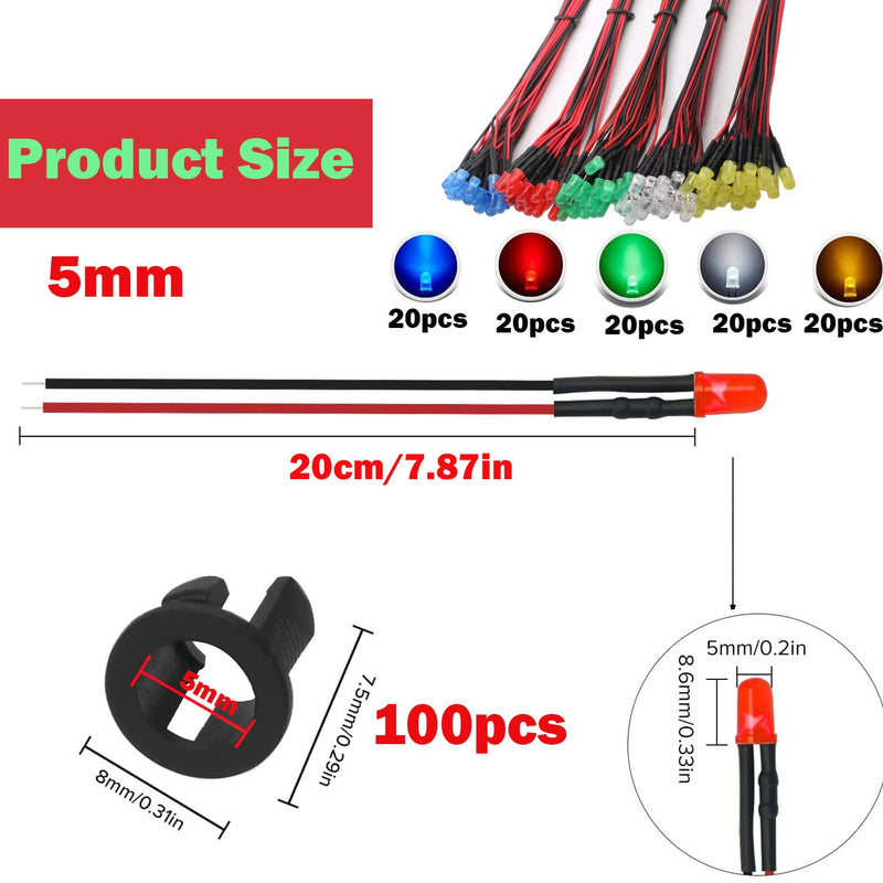 RUNCCI-YUN Pack of 100 5 mm 3V-9V-12V LED Diode, LED with Cable 12V, Model Railway H0 Lighting RC Model Building LED Diodes Light + 100 Pieces 5 mm LED Mounting Rings Plastic (Red, Yellow, Green, White, Blue)