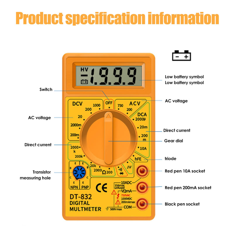 [Australia - AusPower] - DT832 Digital Multimeter Multi Tester Handheld Multimeter Mini Pocket Digital AC/DC Voltage Current Tester with Buzzer LCD Multi-Meter (Yellow) Yellow 