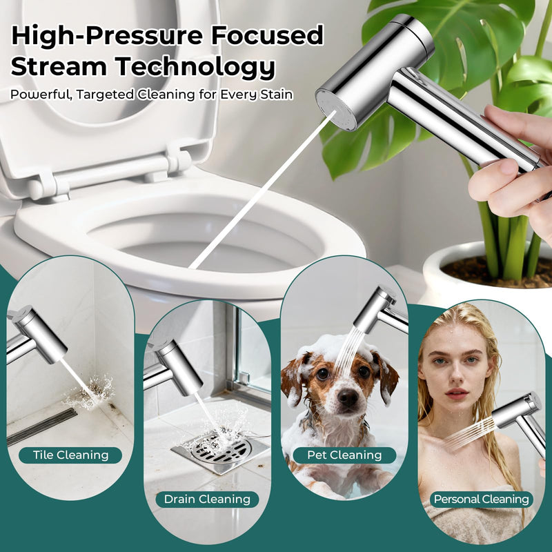 Handheld Bidet Sprayer for Toilet, Adjustable Water Pressure Control Rotary Switch with Bidet Hose, Exclusive Single Nozzle High Pressure Mode for Cleaning Stubborn Stains, Chrome