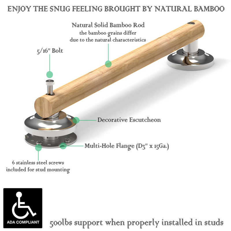 Natural Bamboo Grab Bar for Bathroom & Toilet, ADA Compliant Balance Assist Handrail for Handicap and Seniors, 16in Brushed Nickel