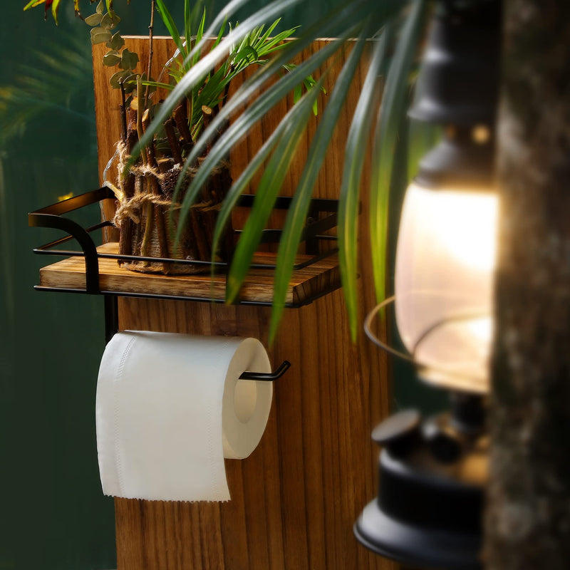 Rustic Farmhouse Toilet Paper Holder with Shelf - Farmhouse Bathroom Rustic Country Decor - Rustic Bathroom Accessories with Warm Brown Wood Shelf for Wipes&Cell Phone&Reading, Black Metal Dark Brown